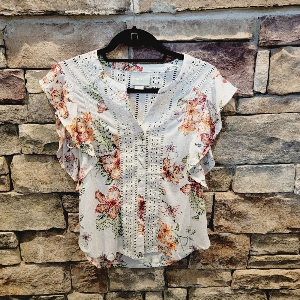 Anthropologie Maeve Flutter Sleeve Floral Lace Eyelet Button Down Top Size Small - Picture 5 of 15